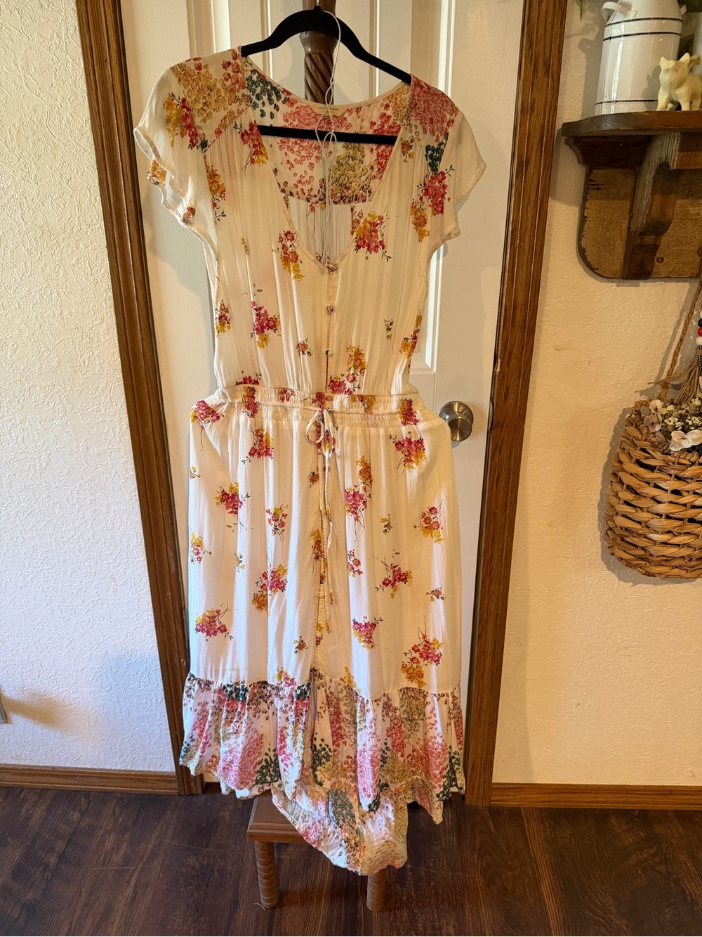 Lucky Brand Cream Maxi Dress with Pink, Yellow & Green Floral Accents